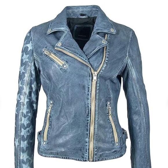 Womens stunning MAURITIUS SofiStar motor Jacket Light Blue Small 6 lamb leather - Picture 8 of 16